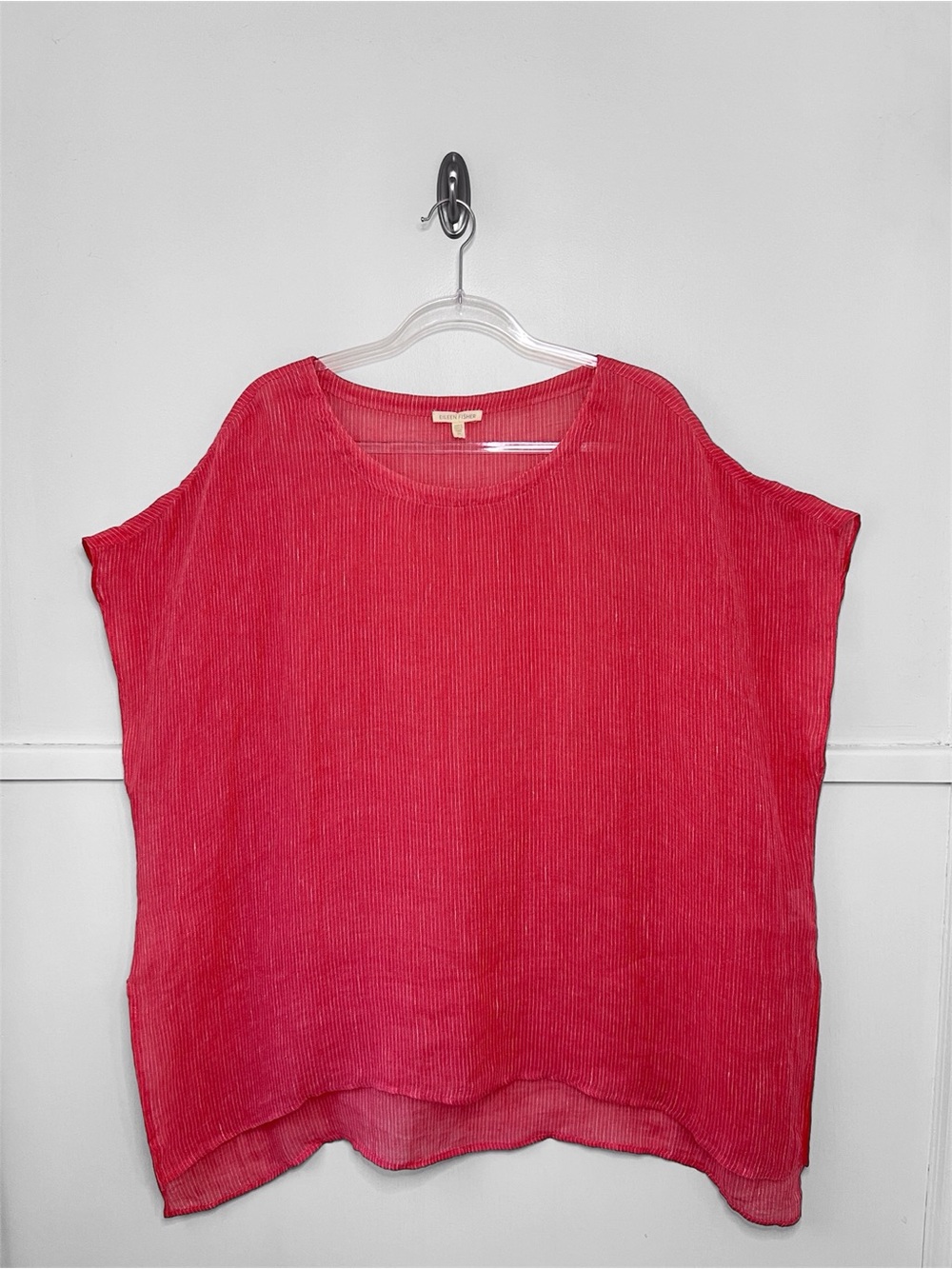 Eileen Fisher Pinstriped Linen Gauze Ballet Neck Boxy Tunic Top in Peony - Picture 7 of 10